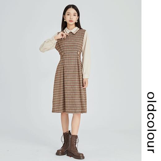 oldcolour2022冬季新款复古文艺格子拼接收腰中长款衬衫连衣裙女 商品图2