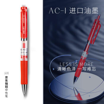 得力（deli）S01按动中性笔红笔签字笔 0.5mm子弹头经典办公按动笔水笔 红色 12支/盒 商品图0