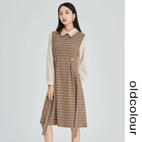 oldcolour2022冬季新款复古文艺格子拼接收腰中长款衬衫连衣裙女
