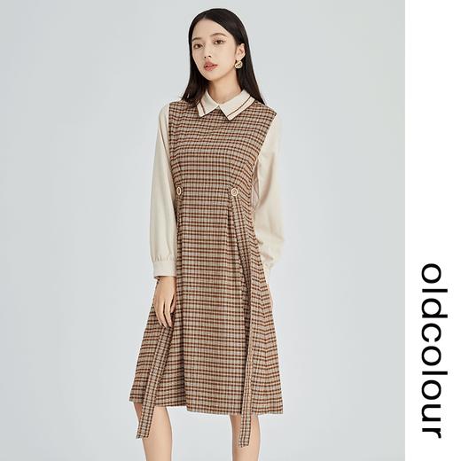 oldcolour2022冬季新款复古文艺格子拼接收腰中长款衬衫连衣裙女 商品图0