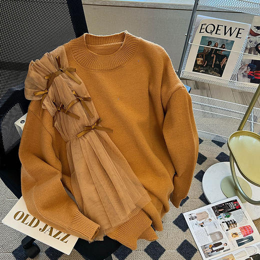 DX 气质网纱拼接蝴蝶结加厚设计感针织上衣 商品图0