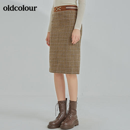 oldcolour冬季新款时尚气质修身百搭蓝咖格A字裙N41062151 商品图4