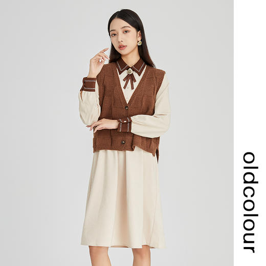oldcolour2022冬新款复古学院风文艺显瘦针织马甲连衣裙两件套女 商品图0