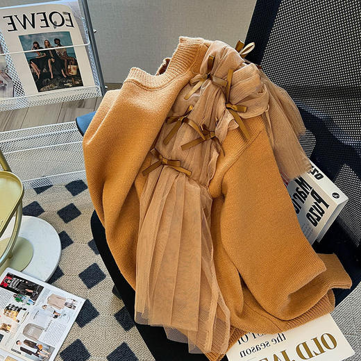 DX 气质网纱拼接蝴蝶结加厚设计感针织上衣 商品图2