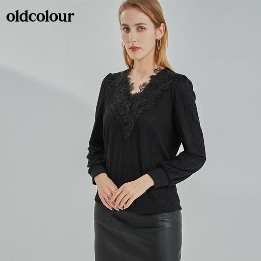 oldcolour2021冬季新款时尚气质修身百搭V领长袖T恤N41023101 商品图1