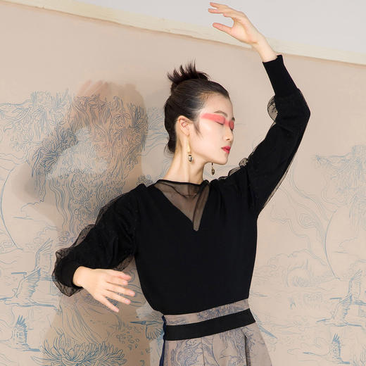 【伯妮斯茵】V领通透网纱飘逸泡泡袖针织衫--修姱--浪漫觉醒《离骚》1E5282 商品图0