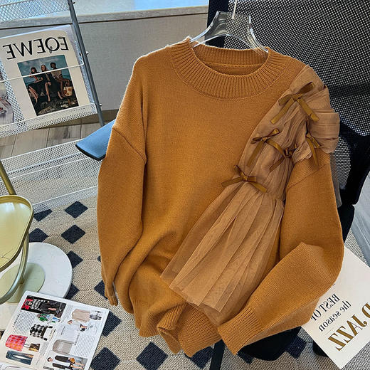 DX 气质网纱拼接蝴蝶结加厚设计感针织上衣 商品图3