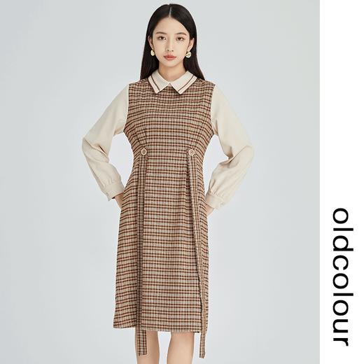 oldcolour2022冬季新款复古文艺格子拼接收腰中长款衬衫连衣裙女 商品图1