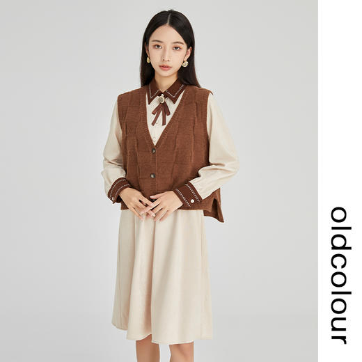 oldcolour2022冬新款复古学院风文艺显瘦针织马甲连衣裙两件套女 商品图3