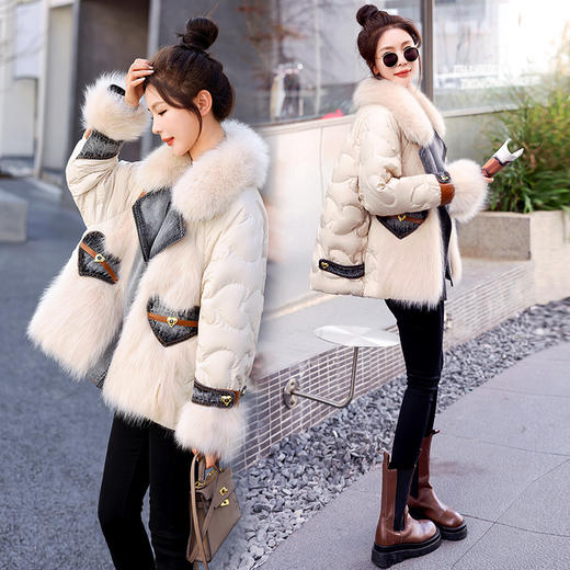 大毛领羽绒服，时尚潮流拼接牛仔外套HR-CZJ3173 商品图0