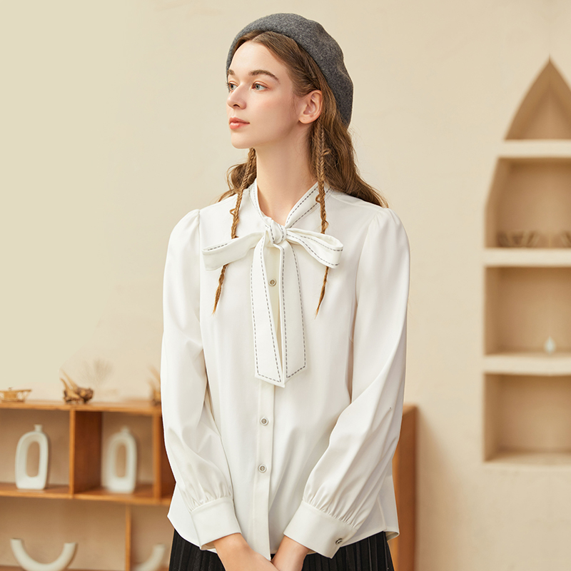 Famecoco范可儿系带领衬衫女秋冬款蝴蝶结衬衣长袖设计感小众F228BA005