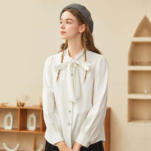Famecoco范可儿系带领衬衫女秋冬款蝴蝶结衬衣长袖设计感小众F228BA005 商品图0