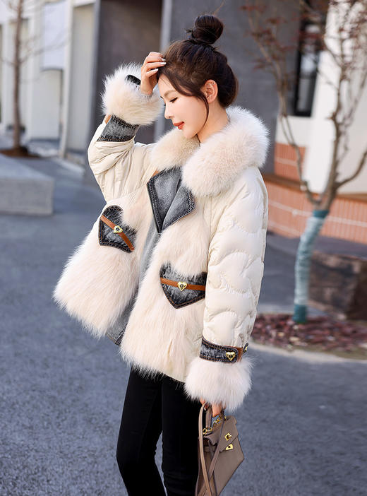 大毛领羽绒服，时尚潮流拼接牛仔外套HR-CZJ3173 商品图4