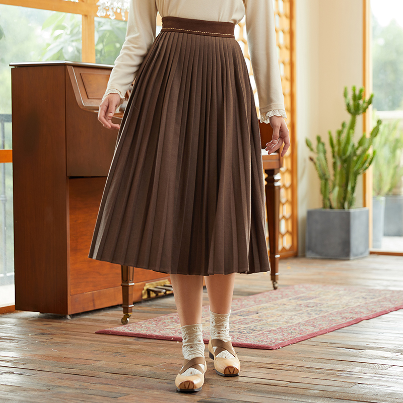 Famecoco范可儿羊毛宽松半身裙女秋冬中长款弹力后腰纯色百褶裙F228HA011
