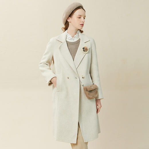 Famecoco范可儿西装领毛呢外套女冬季羊毛混纺中长双面呢大衣F228AQ007 商品图3