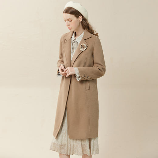 Famecoco范可儿西装领毛呢外套女冬季羊毛混纺中长双面呢大衣F228AQ007 商品图1