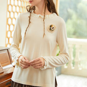 famecoco范可儿原创设计高弹花边t恤女纯色磨毛打底衫F228BB010