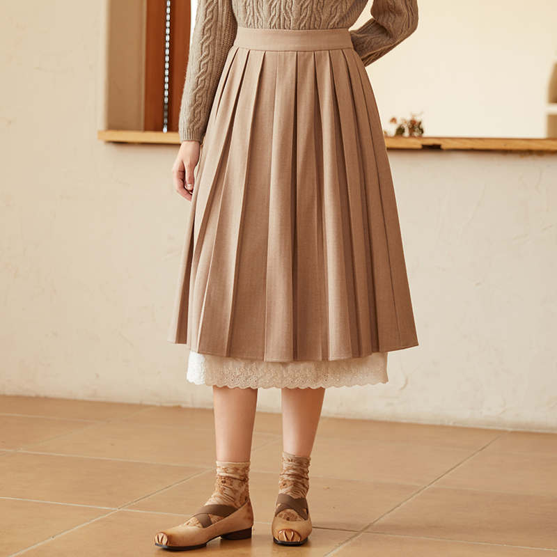 Famecoco范可儿蕾丝花边a字半身裙女冬款原创设计百褶裙小个子F228HA012