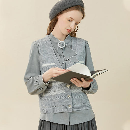 Famecoco范可儿流苏毛衣开衫外套女秋冬款V领羊毛保暖马夹 商品图0