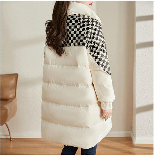 白鸭绒羽绒服冬季中长笑脸棋盘过膝格保暖立领厚外套ZS-7006 商品图3