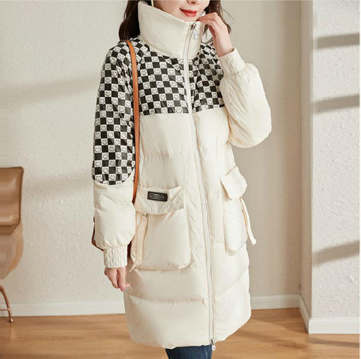 白鸭绒羽绒服冬季中长笑脸棋盘过膝格保暖立领厚外套ZS-7006 商品图2