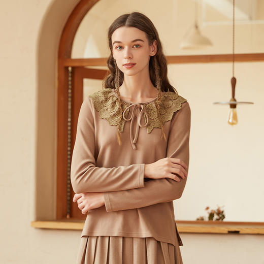 Famecoco范可儿蝴蝶结打底衫女秋冬款花边领高弹磨毛针织t恤F228BB011 商品图0