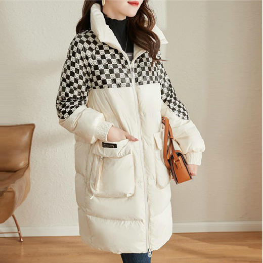 白鸭绒羽绒服冬季中长笑脸棋盘过膝格保暖立领厚外套ZS-7006 商品图0