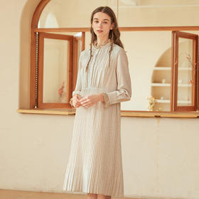 Famecoco范可儿压褶雪纺长袖连衣裙秋冬过膝碎花长裙女F228FA007