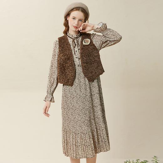 Famecoco范可儿圈圈毛马甲配连衣裙两件套印花雪纺裙套装F228EA002 商品图0