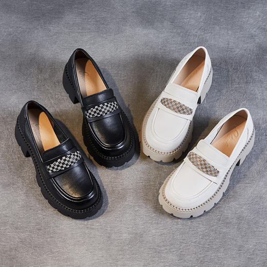 ZM-231045头层牛皮乐福鞋女厚底百搭粗跟小皮鞋2023春秋真皮英伦水钻单鞋 商品图3