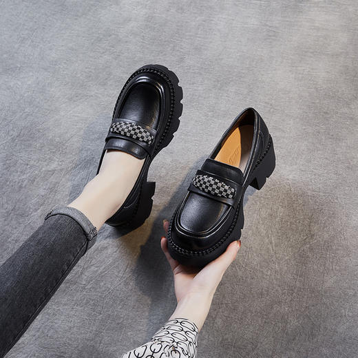 ZM-231045头层牛皮乐福鞋女厚底百搭粗跟小皮鞋2023春秋真皮英伦水钻单鞋 商品图2