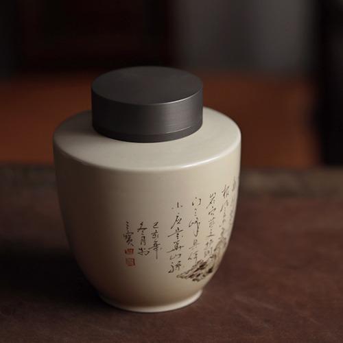 汝黄釉诗文顽石锡口茶叶罐 商品图1