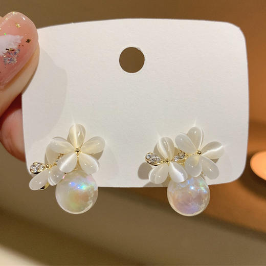 JU-AB-39韩国秋冬新款耳环小众设计感人鱼姬珍珠猫眼石花朵耳钉耳饰女 商品图0