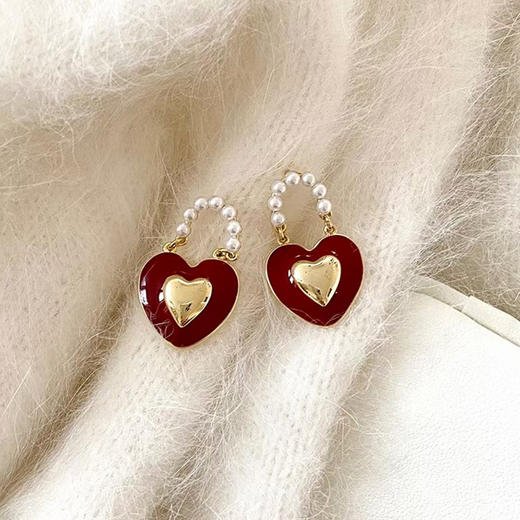 JU-AB-41韩版银针复古珍珠红色爱心耳环女秋冬气质名媛网红耳钉冷淡风耳饰 商品图5
