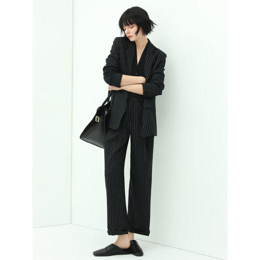 COCOBELLA色织条纹通勤OL西裤女气质职场高腰打褶休闲裤PA157 商品图2