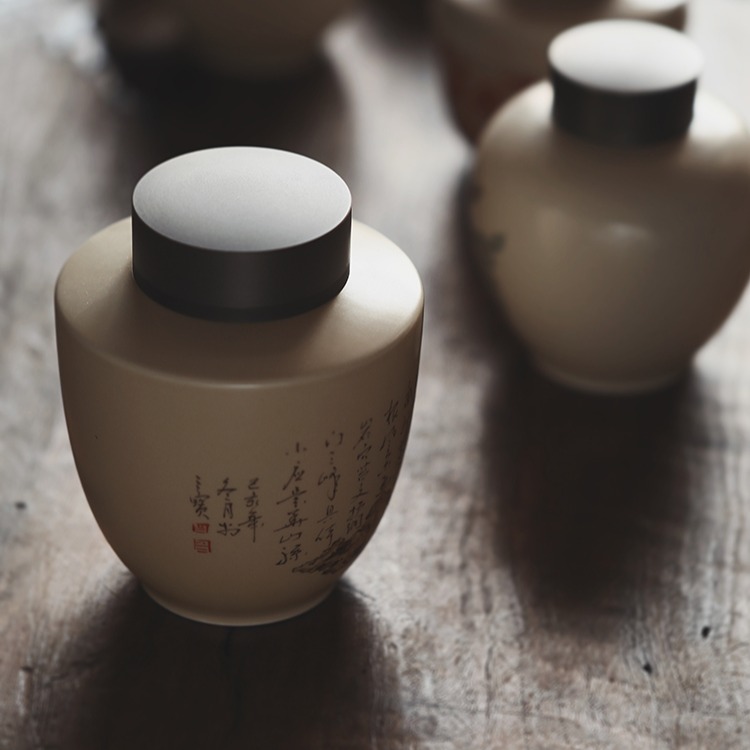 汝黄釉诗文顽石锡口茶叶罐