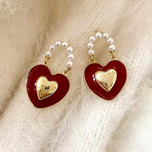 JU-AB-41韩版银针复古珍珠红色爱心耳环女秋冬气质名媛网红耳钉冷淡风耳饰 商品图0