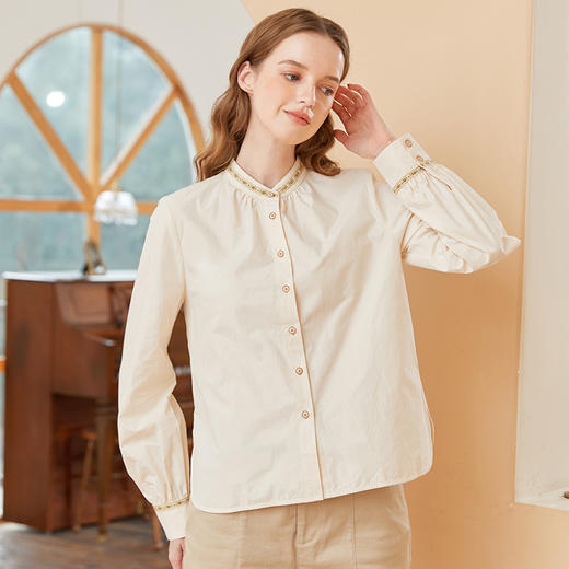 Famecoco范可儿小立领衬衣女春款拼接花边织带衬衫纯棉 商品图0
