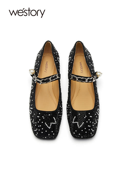 westory2023春新款真皮绒面烫钻链条装饰一子珍珠扣平底单鞋55221 商品图3