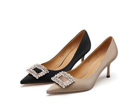 westory23年春新款时尚尖头方形水钻扣高跟鞋细跟女气质名媛55381