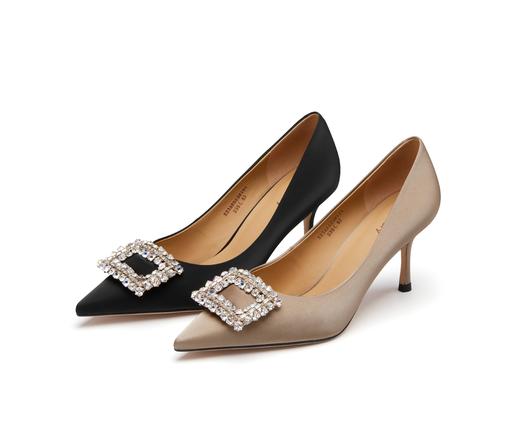 westory23年春新款时尚尖头方形水钻扣高跟鞋细跟女气质名媛55381 商品图0