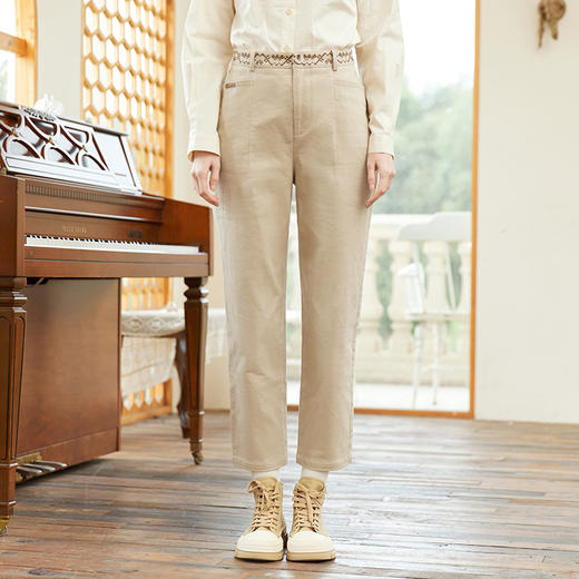 famecoco范可儿腰头设计感刺绣裤子女春季纯棉直筒休闲裤FAB1GA001 商品图3