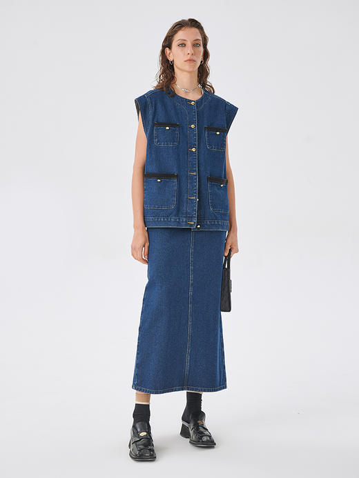 Self Who2023春季新款经典百搭牛仔半身裙中高腰直筒简约开衩裙子 商品图1