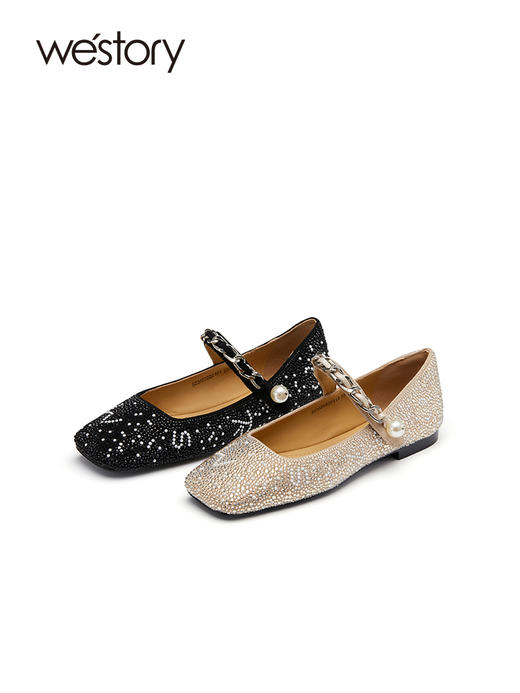 westory2023春新款真皮绒面烫钻链条装饰一子珍珠扣平底单鞋55221 商品图0