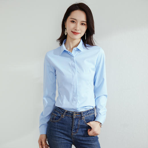 【刺绣款】罗蒙春秋新款女士衬衫简约纯色气质方领商务通勤长袖衬衫 商品图7