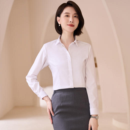 【刺绣款】罗蒙春秋新款女士衬衫简约纯色气质方领商务通勤长袖衬衫 商品图3