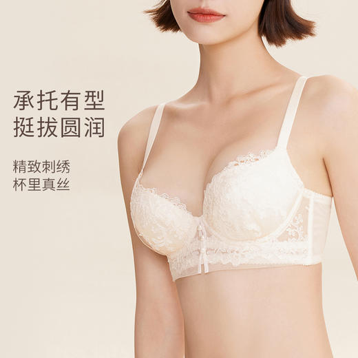 【会员专享】奶糖派大杯文胸欧若拉系列真丝法式奢华刺绣夹棉3/4杯文胸蕾丝胸衣内裤女 商品图1