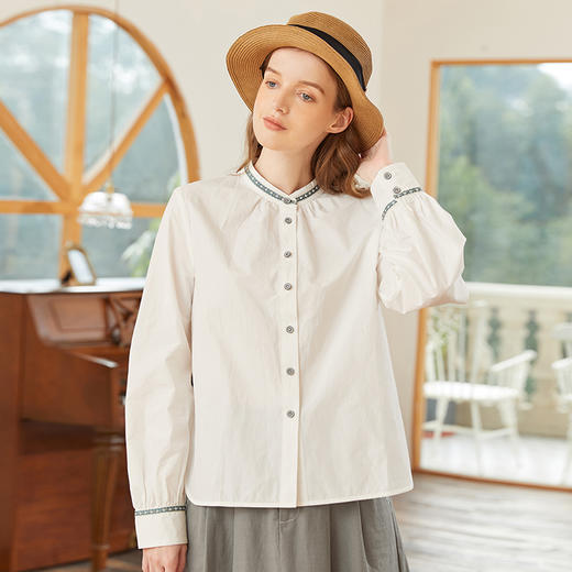 Famecoco范可儿小立领衬衣女春款拼接花边织带衬衫纯棉 商品图2