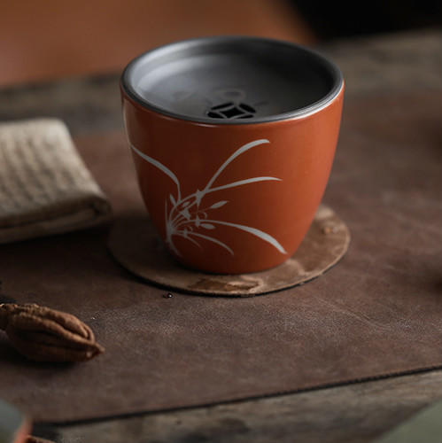 珊瑚红剔花幽兰建水茶船壶承 商品图0