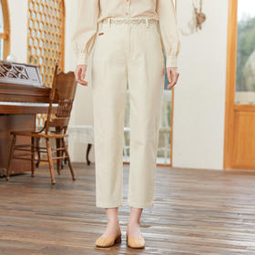 famecoco范可儿腰头设计感刺绣裤子女春季纯棉直筒休闲裤FAB1GA001